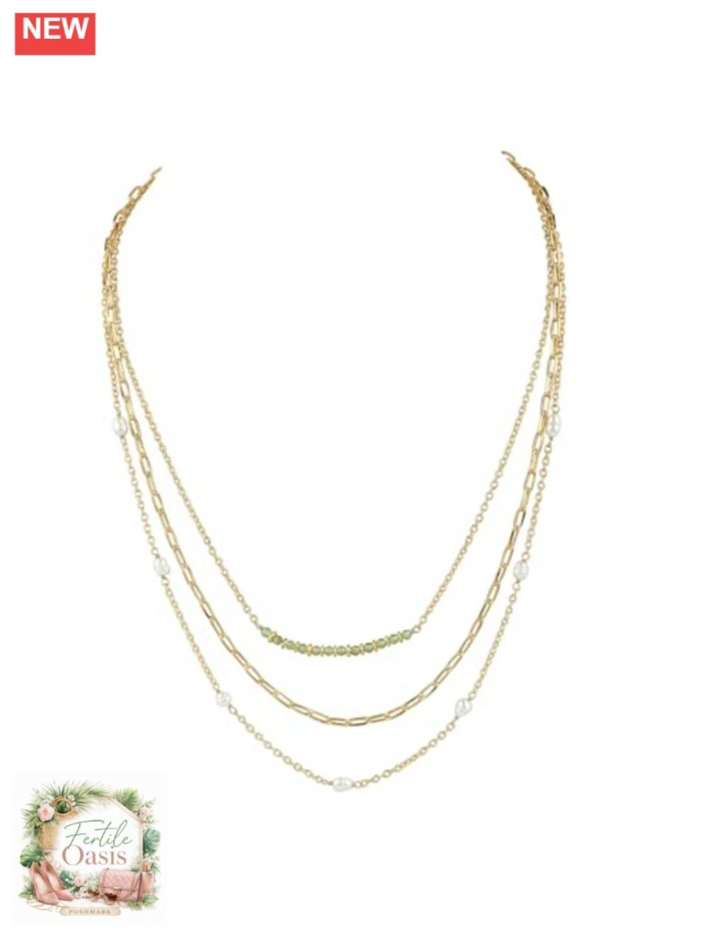14k Gold Plated Peridot & Pearl 3-Layered Stackable Choker Necklace